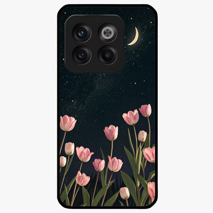 Midnight Tulip Whispers Vibe Glass Case for 1+10T elegant front view featuring tulip floral artwork on dark background