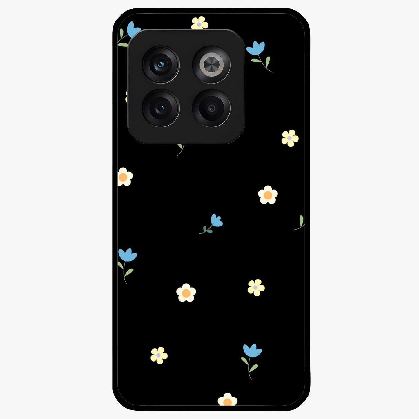 Minimalistic Blue With White Flower Pattern Glass Case for 1+10T fresh front view featuring white floral artwork on blue background