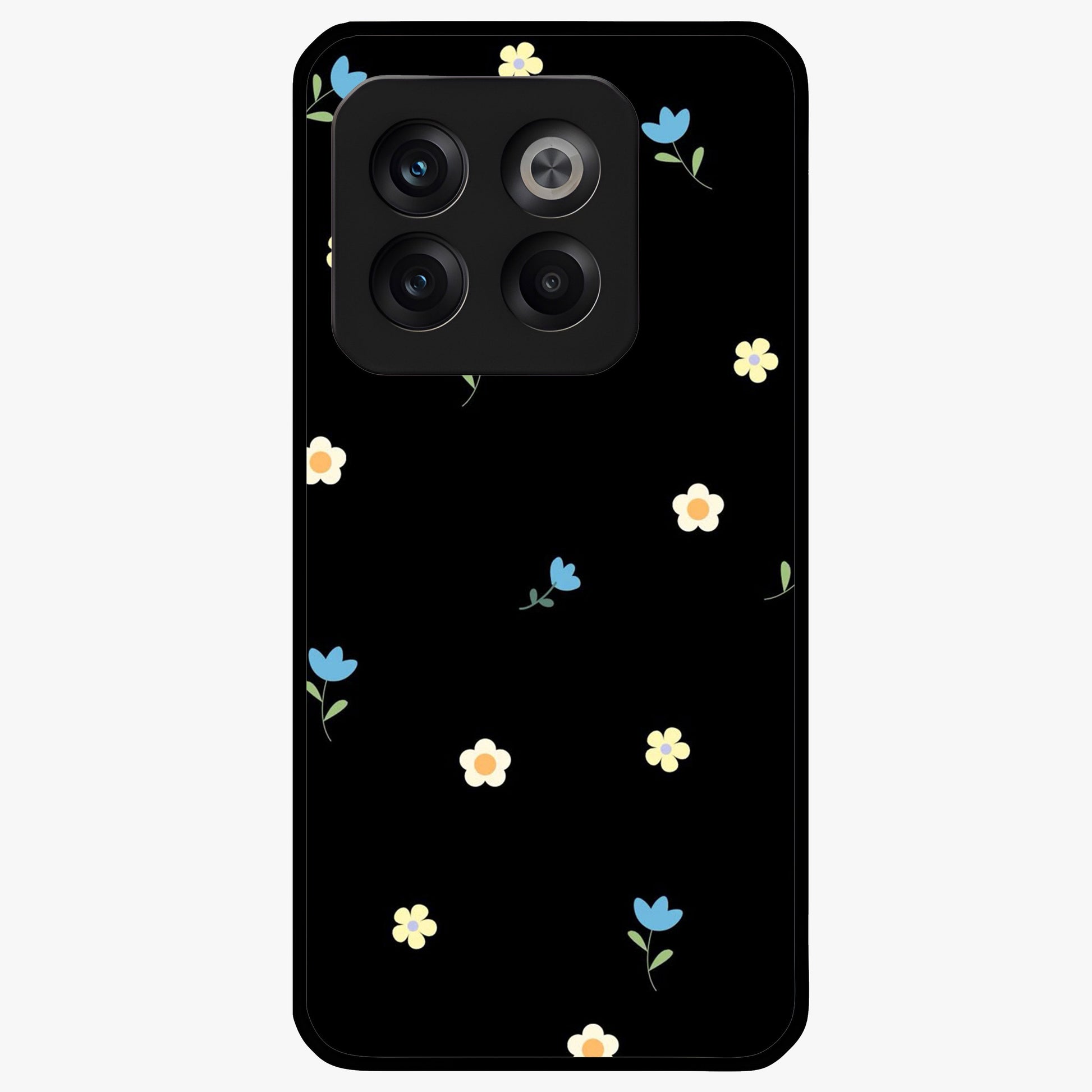 Minimalistic Blue With White Flower Pattern Glass Case for 1+10T fresh front view featuring white floral artwork on blue background