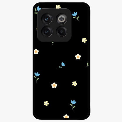 Minimalistic Blue With White Flower Pattern Glass Case for 1+10T fresh front view featuring white floral artwork on blue background