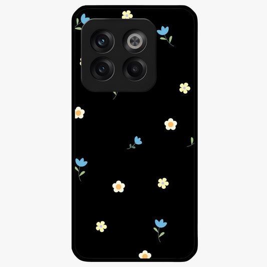 Minimalistic Blue With White Flower Pattern Glass Case for 1+10T fresh front view featuring white floral artwork on blue background