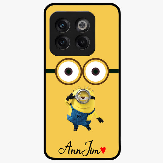 Minion Custom Name Glass Case for 1+10T playful front view featuring cartoon inspired artwork with personalized name design