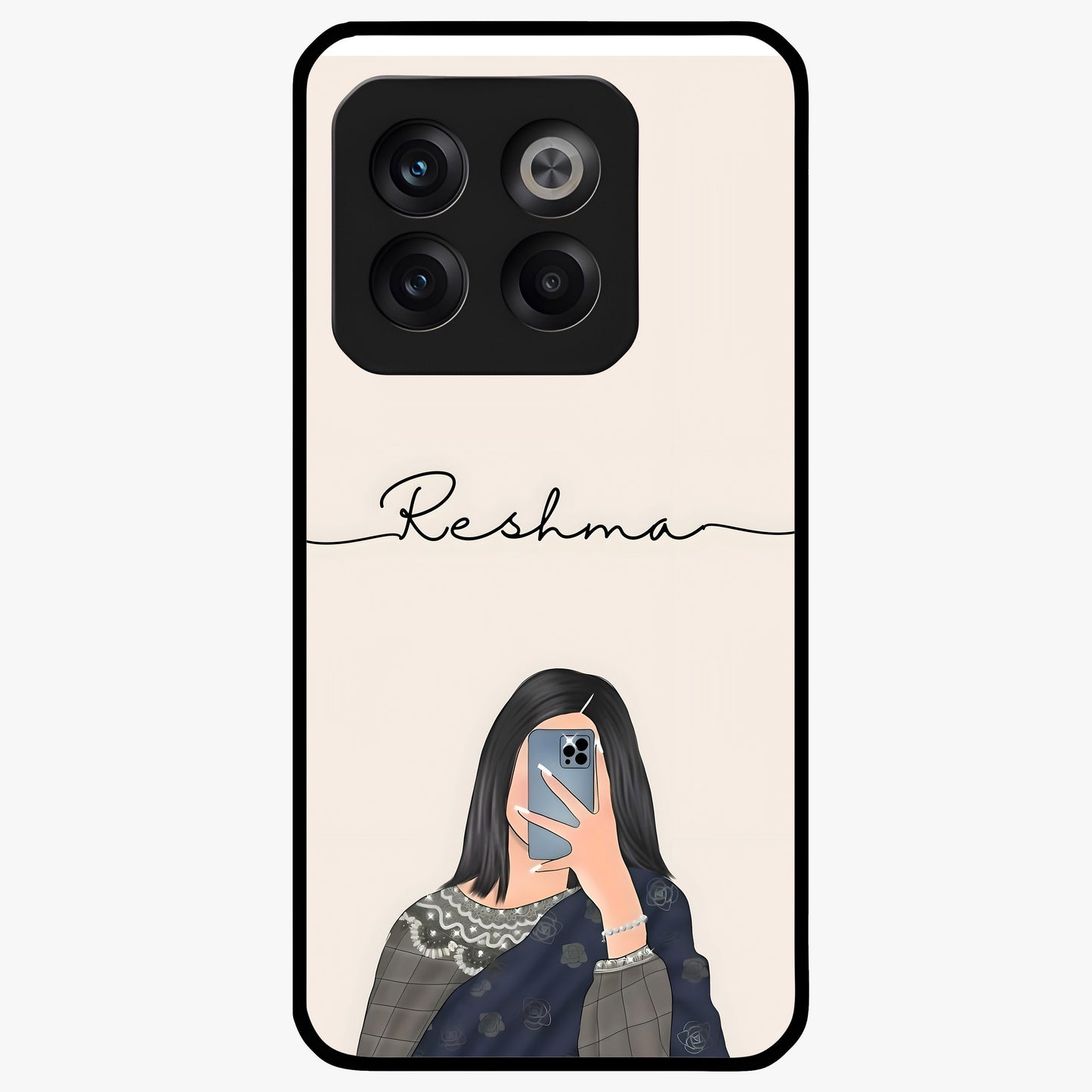 Mirror Mood Muse With Custom Name Glass Case for 1+10T stylish front view featuring aesthetic artwork with personalized name detail