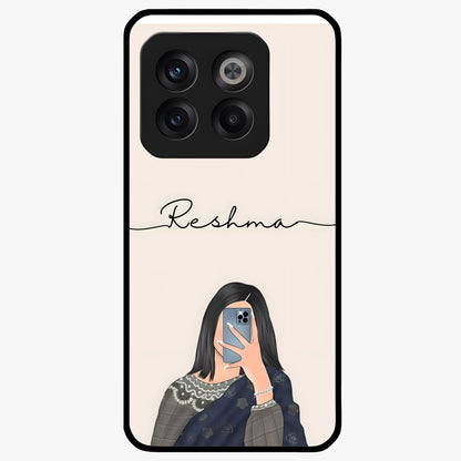 Mirror Mood Muse With Custom Name Glass Case for 1+10T stylish front view featuring aesthetic artwork with personalized name detail