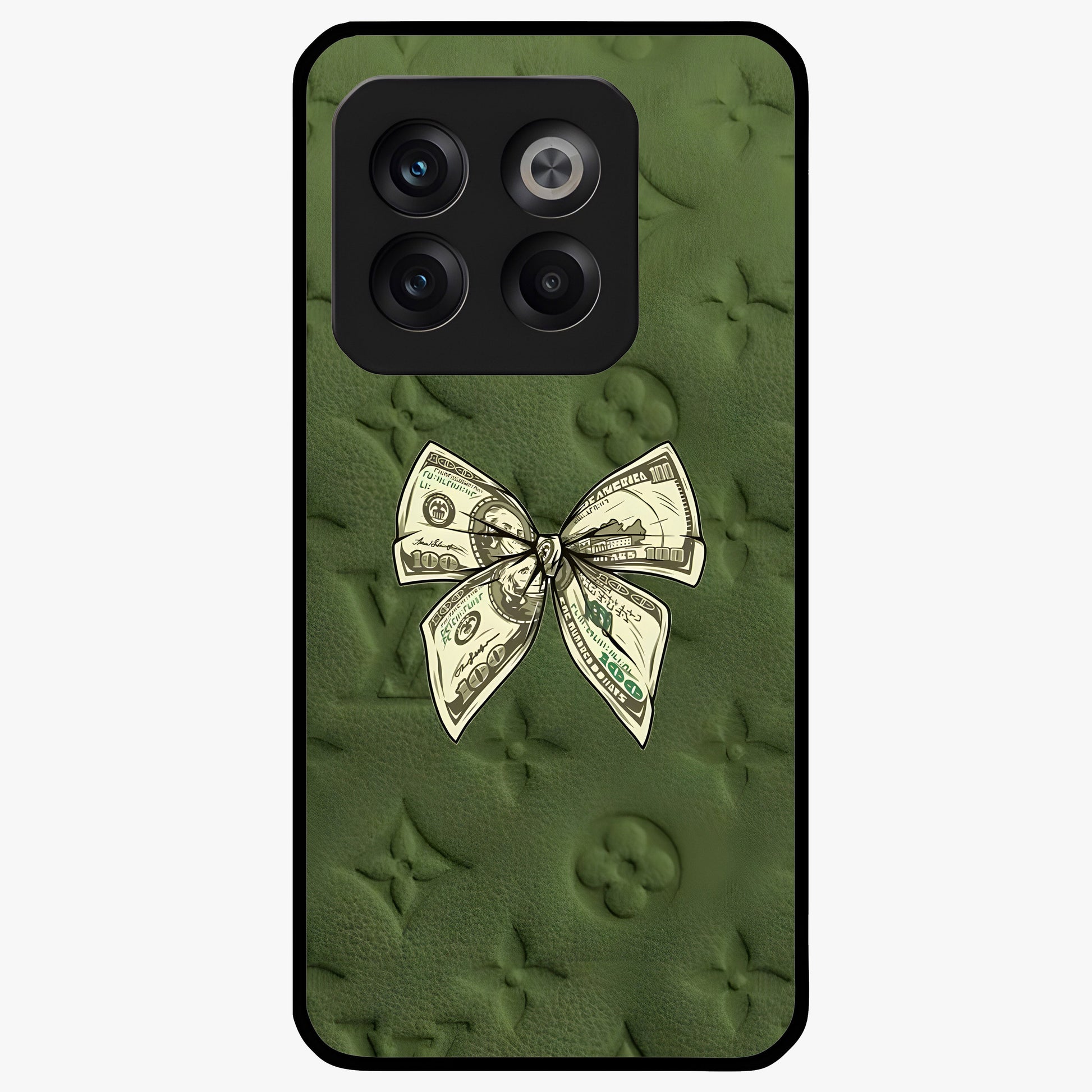 Money Bow Lv Glass Case for 1+10T luxury inspired front view featuring bold fashion themed artwork