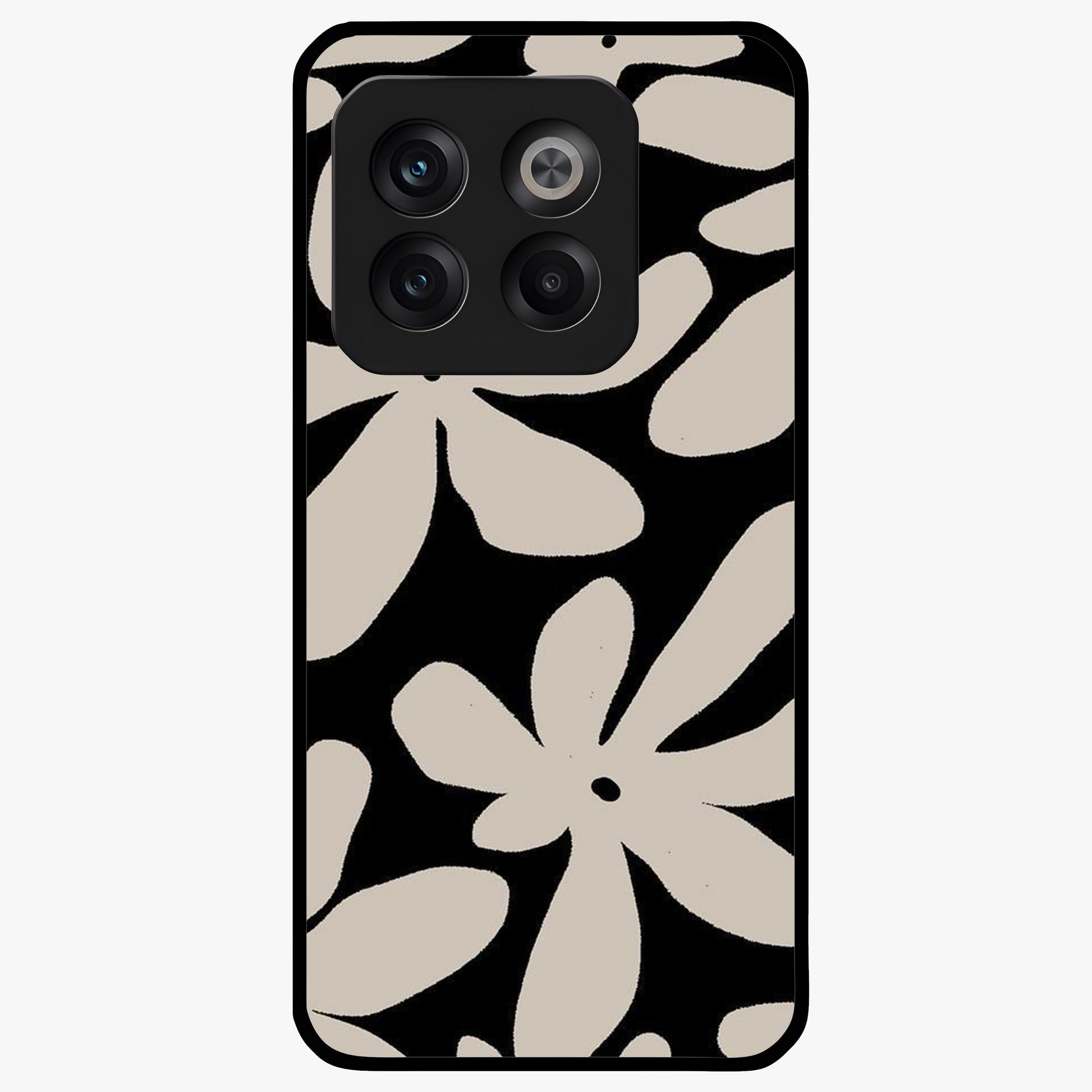 Monochrome Petal Dance Glass Case for 1+10T artistic front view featuring black and white floral artwork