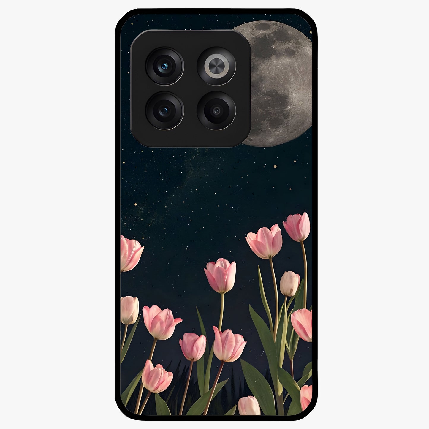 Moonlit Night Tulip Glass Case for 1+10T serene front view featuring tulip floral artwork in midnight tones