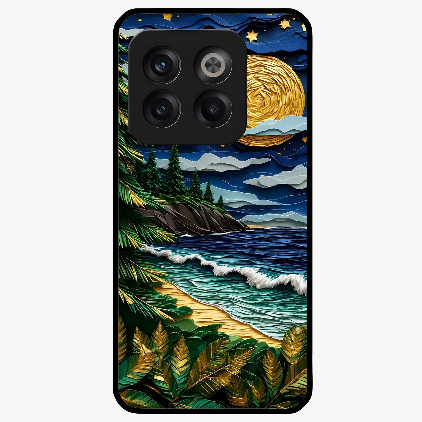 Moonlit Ocean Pines Glass Case for 1+10T scenic front view featuring pine trees by ocean under moonlit sky