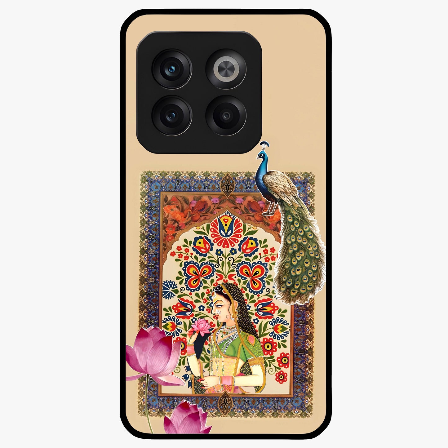 Mughal Princess and Peacock Glass Case for 1+10T royal front view featuring intricate princess and peacock artwork