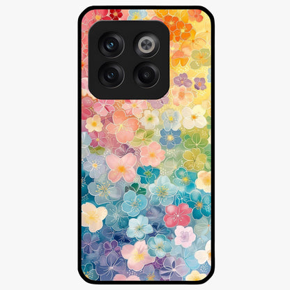 Multiple Background With Flower Glass Case for 1+10T vibrant front view featuring layered floral artwork on mixed backgrounds