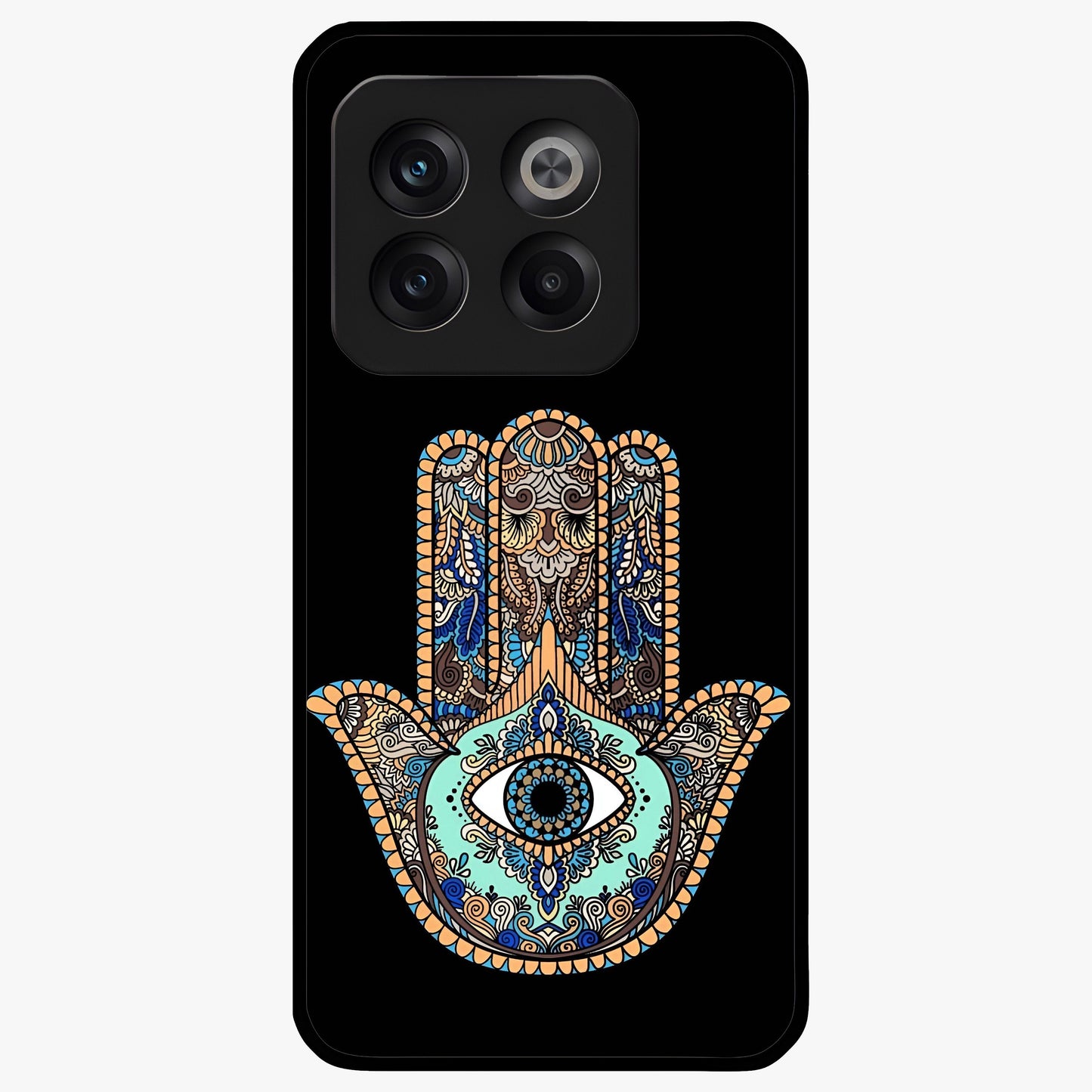 Mystic Hamsa Eye Glass Case for 1+10T symbolic front view featuring traditional hamsa eye artwork