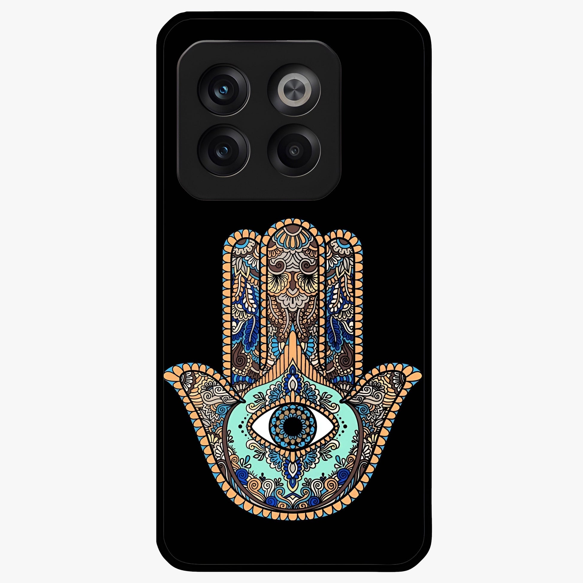 Mystic Hamsa Eye Glass Case for 1+10T symbolic front view featuring traditional hamsa eye artwork