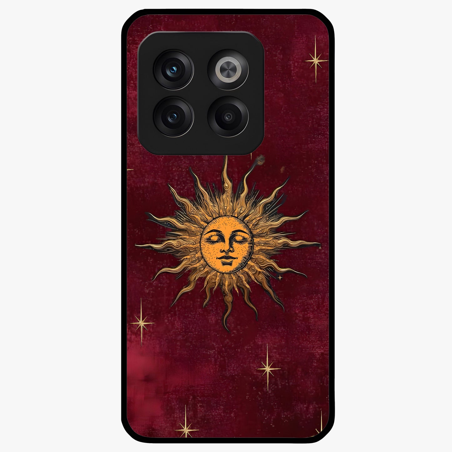 Mystic Solar Glow Glass Case for 1+10T radiant front view featuring glowing sun inspired mystical artwork