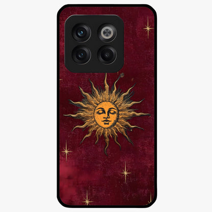 Mystic Solar Glow Glass Case for 1+10T radiant front view featuring glowing sun inspired mystical artwork