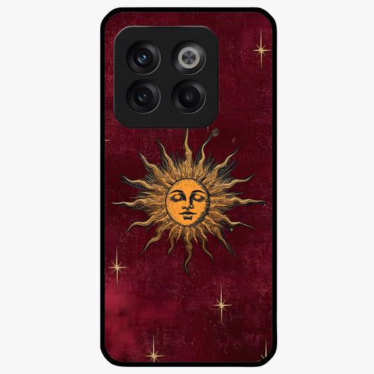 Mystic Solar Glow Glass Case for 1+10T radiant front view featuring glowing sun inspired mystical artwork