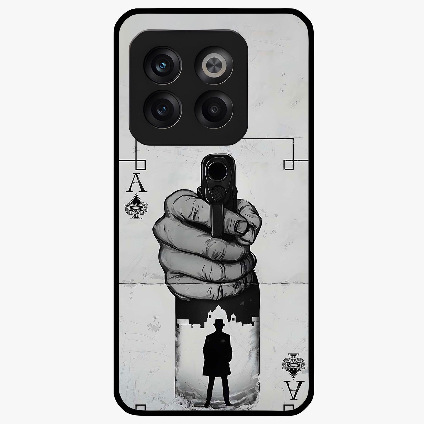 Noir Trigger Fate Glass Case for 1+10T dramatic front view featuring bold noir themed artistic artwork