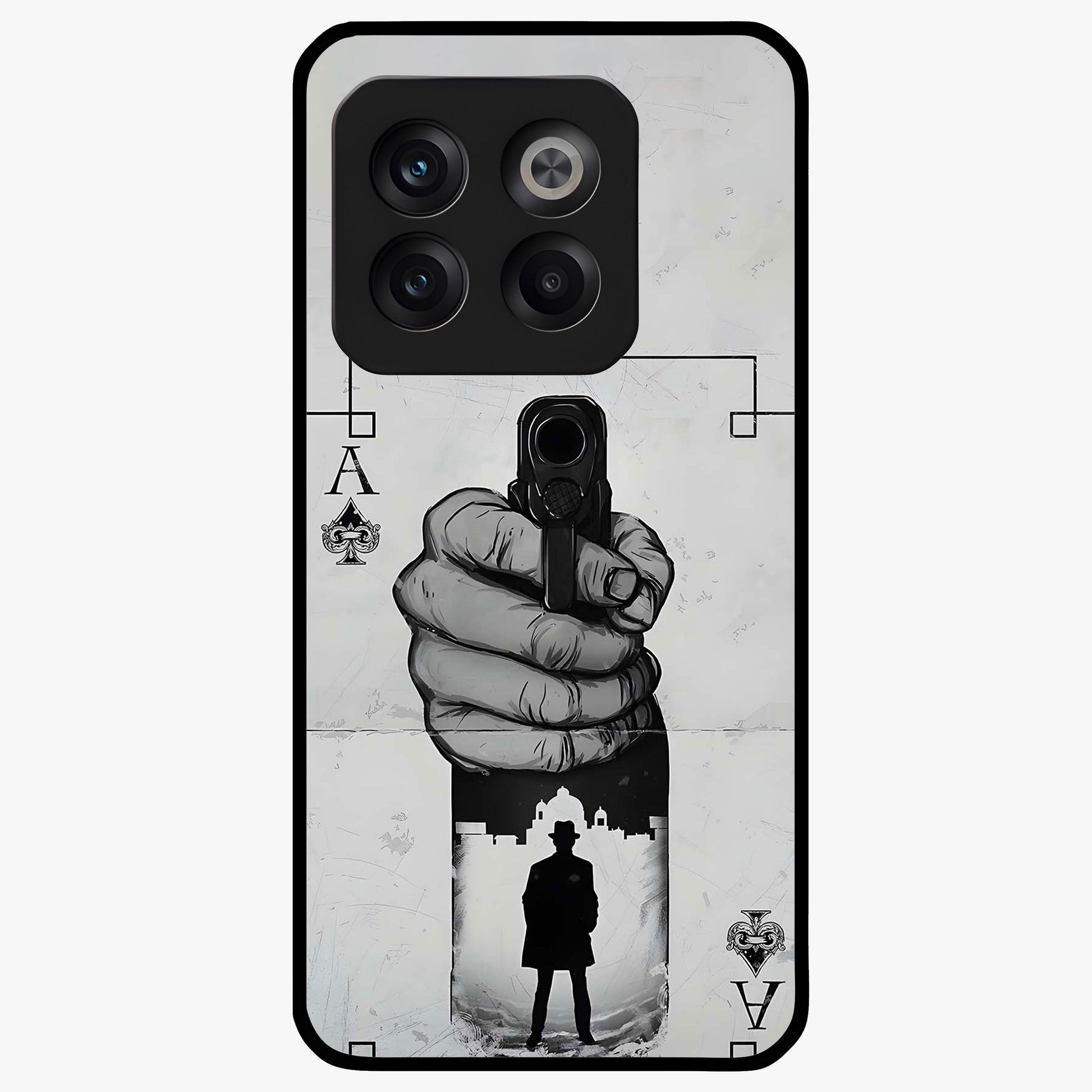 Noir Trigger Fate Glass Case for 1+10T dramatic front view featuring bold noir themed artistic artwork