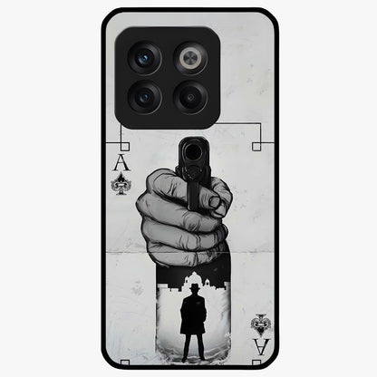 Noir Trigger Fate Glass Case for 1+10T dramatic front view featuring bold noir themed artistic artwork