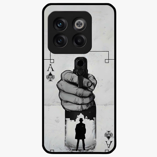 Noir Trigger Fate Glass Case for 1+10T dramatic front view featuring bold noir themed artistic artwork