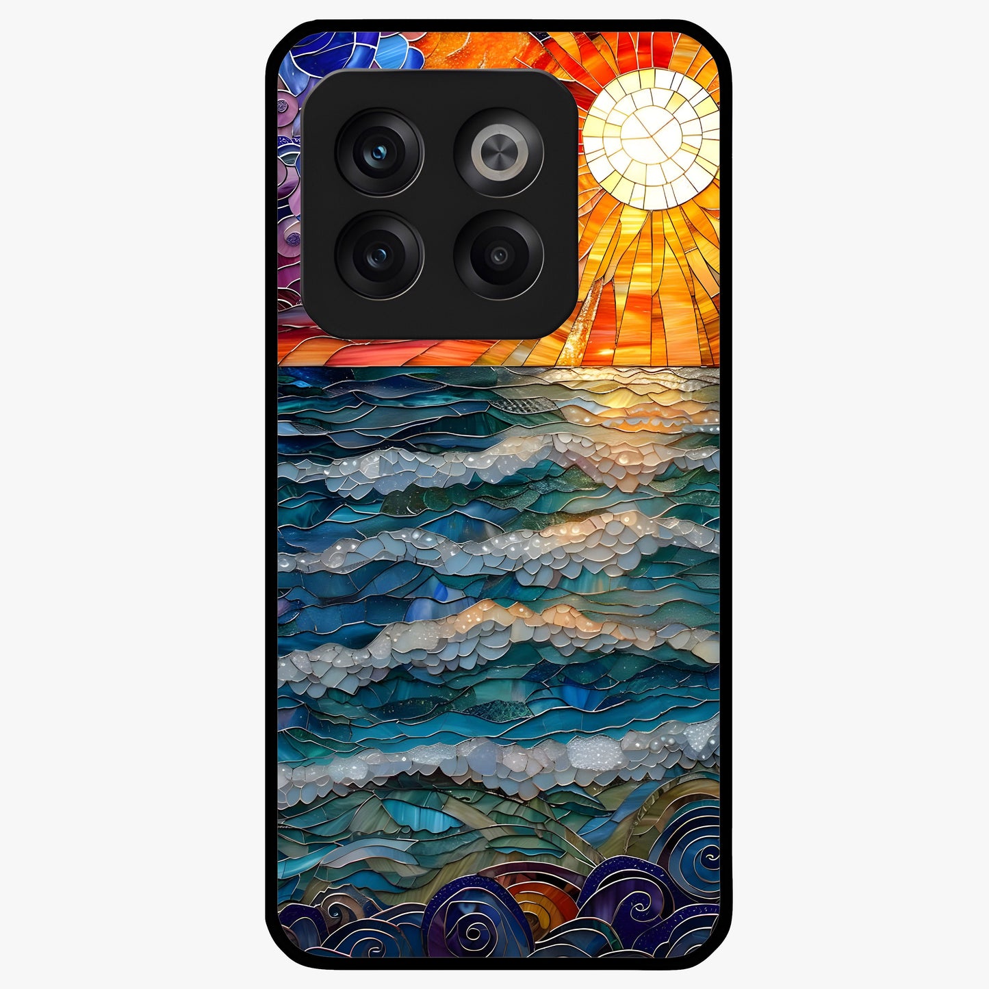 Oceanic Stained Printed Glass Case for 1+10T elegant front view featuring stained glass inspired ocean artwork