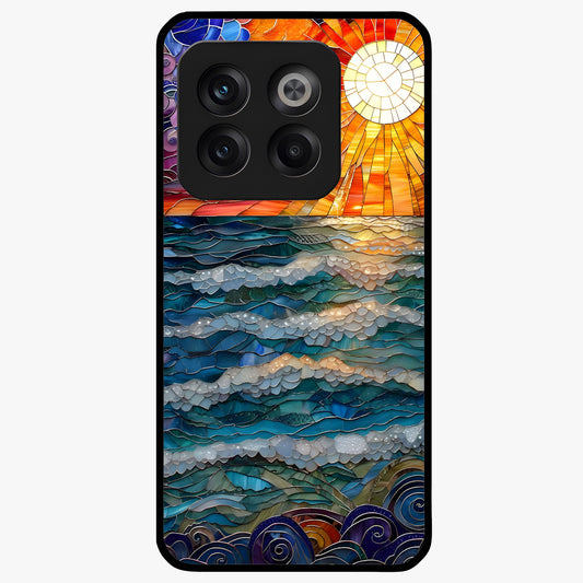 Oceanic Stained Printed Glass Case for 1+10T elegant front view featuring stained glass inspired ocean artwork