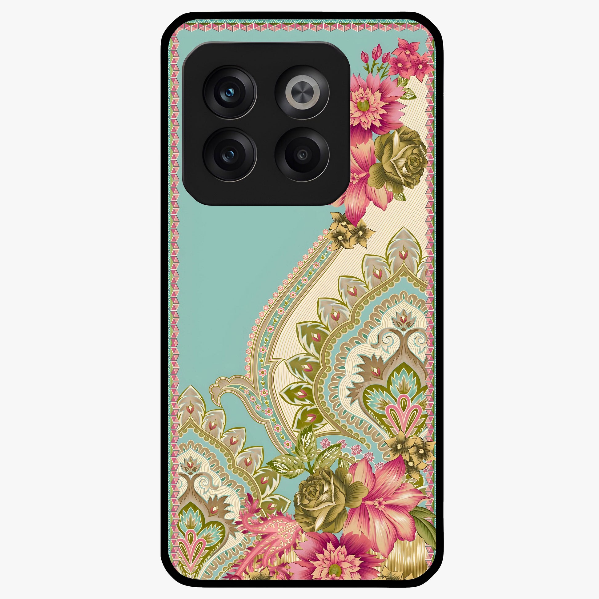 Ornate Mughal Floral Pattern Glass Case for 1+10T royal front view featuring intricate Mughal inspired floral artwork