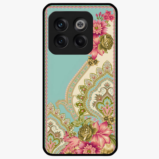 Ornate Mughal Floral Pattern Glass Case for 1+10T royal front view featuring intricate Mughal inspired floral artwork