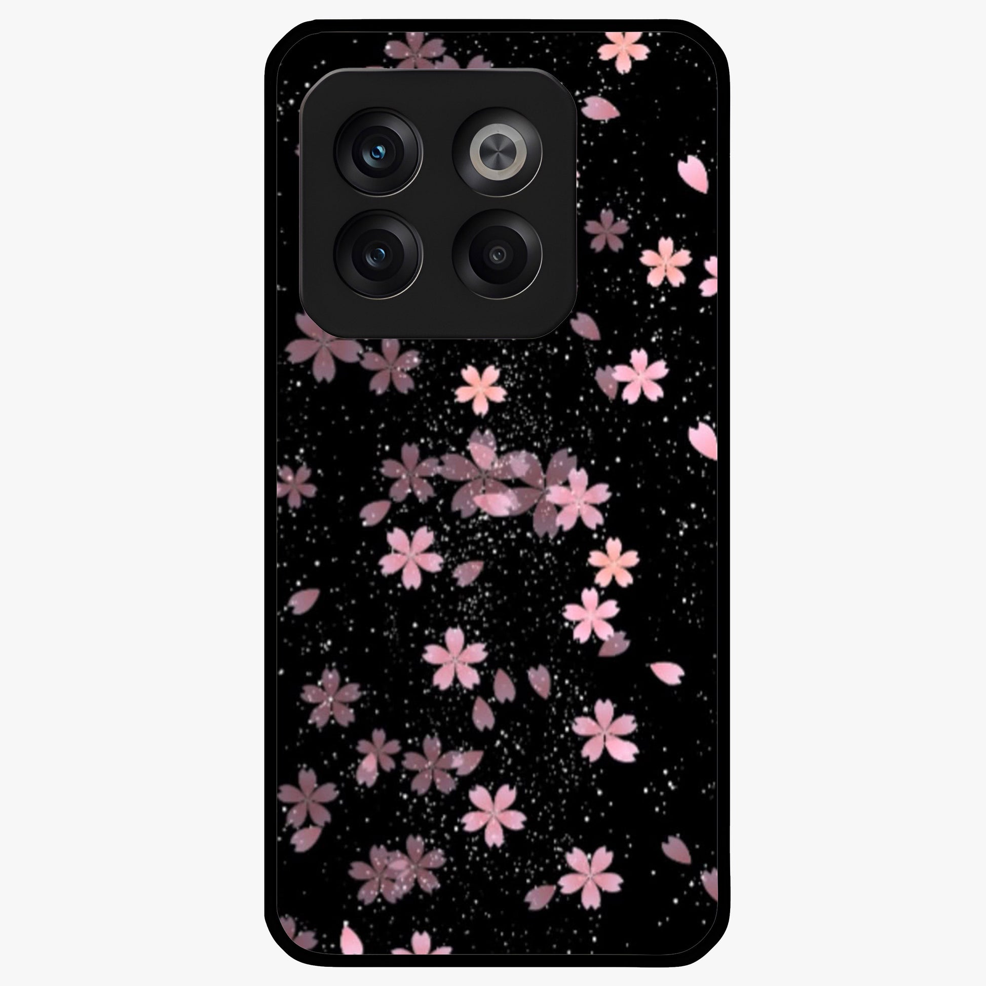 Pink Flower Black Background Glass Case for 1+10T striking front view featuring vibrant pink flower on dark backdrop