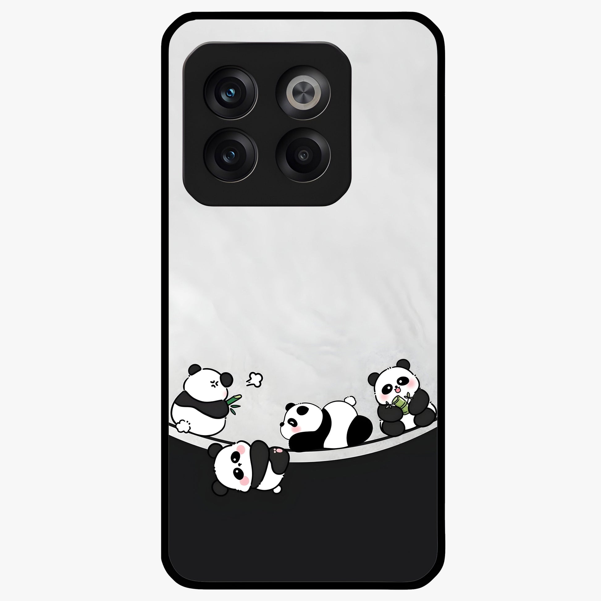 Playful Panda Parade Glass Case for 1+10T adorable front view featuring cute panda artwork in lively poses