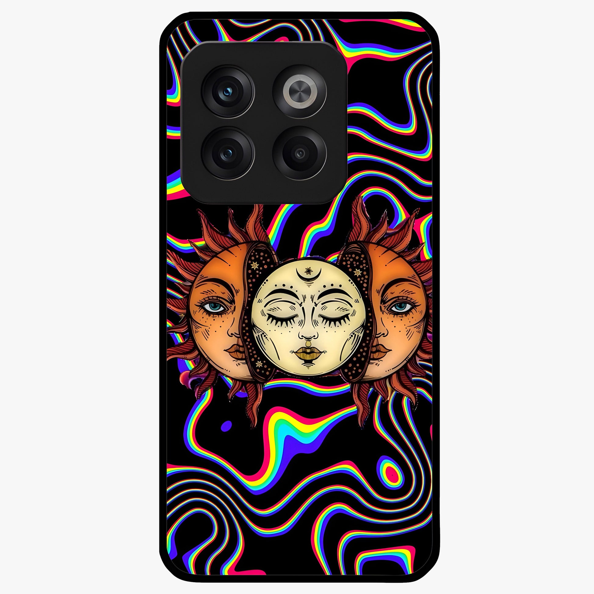 Psychedelic Sun Glass Case for 1+10T artistic front view featuring vibrant sun artwork in psychedelic colors