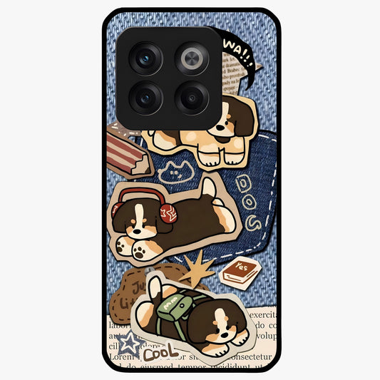 Puppy Sticker Parade Glass Case for 1+10T playful front view featuring multiple puppy sticker style artwork