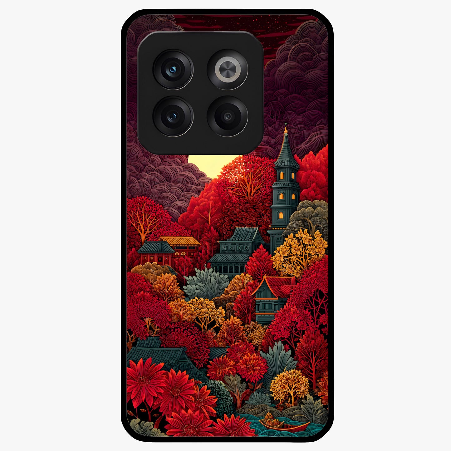 Red Scenery Hot Glass Case for 1+10T dramatic front view featuring bold red landscape artwork