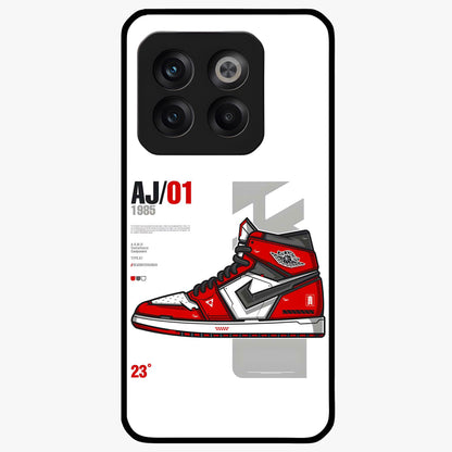 Retro Sneaker Blueprint Glass Case for 1+10T bold front view featuring sneaker blueprint style artwork