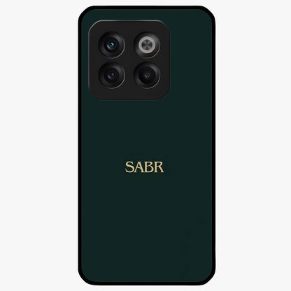 Sabr Minimal Patience Glass Case for 1+10T clean front view featuring minimalist typography artwork