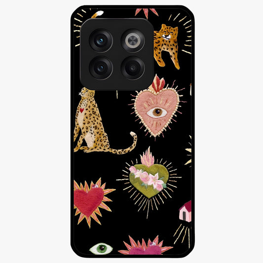 Sacred Jungle Heart Glass Case for 1+10T vibrant front view featuring jungle inspired artwork with symbolic heart accents