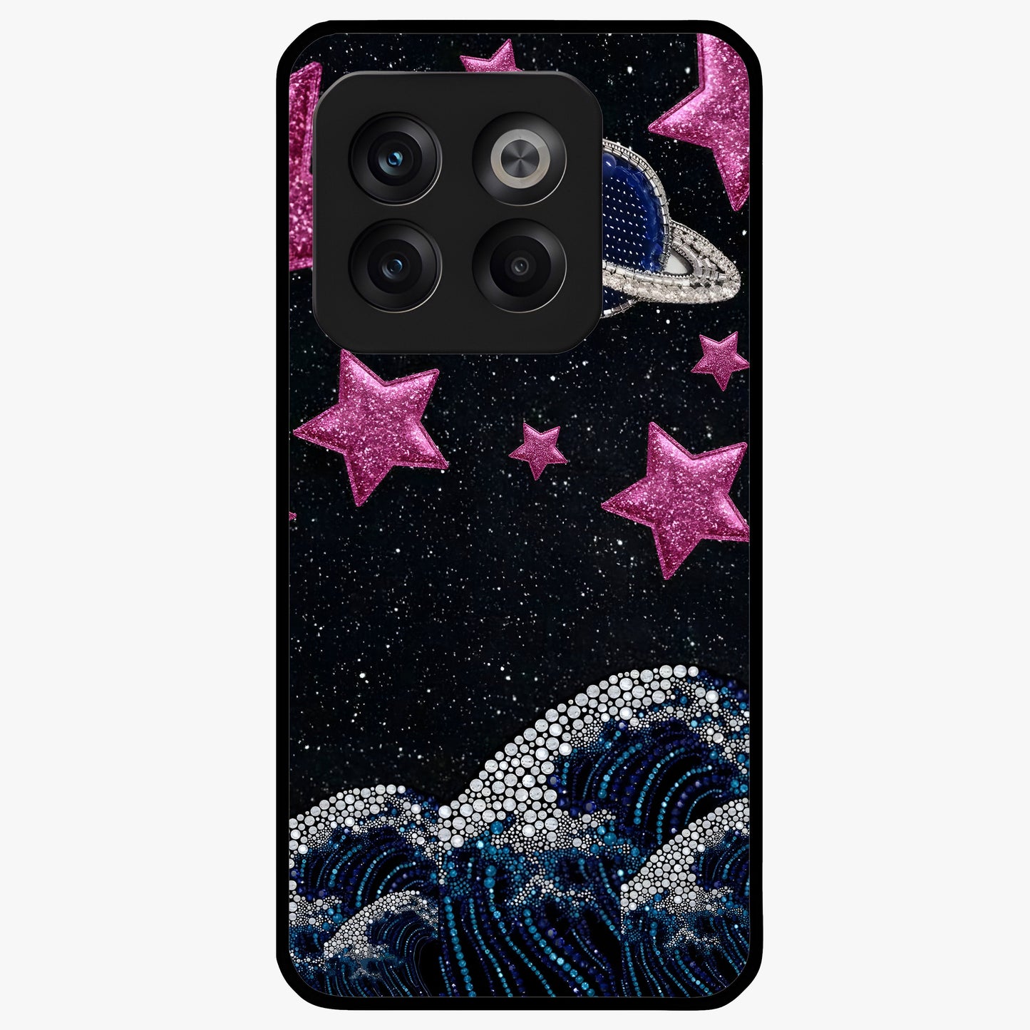 Saturn Pink Storm Glass Case for 1+10T bold front view featuring cosmic Saturn artwork in vibrant pink tones