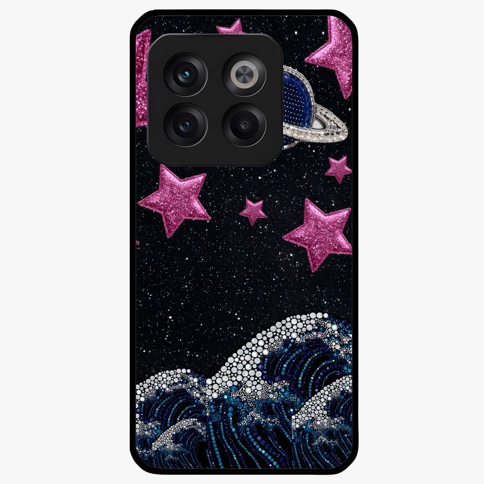 Saturn Pink Storm Glass Case for 1+10T bold front view featuring cosmic Saturn artwork in vibrant pink tones
