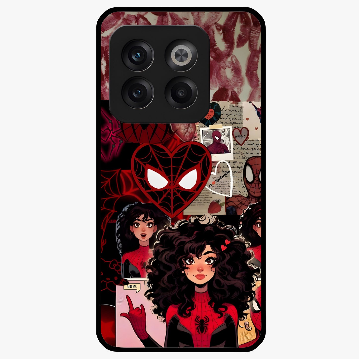 Spider Love Story Glass Case for 1+10T bold front view featuring superhero inspired romantic artwork