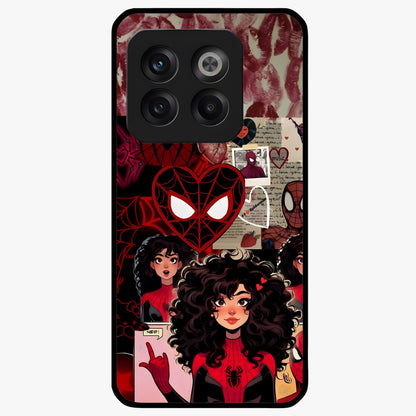 Spider Love Story Glass Case for 1+10T bold front view featuring superhero inspired romantic artwork