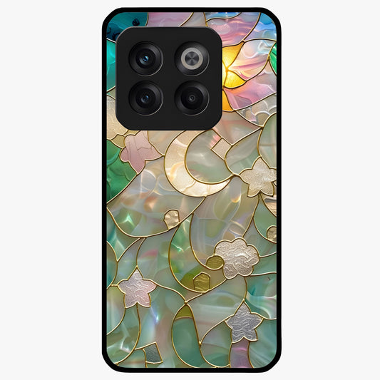 Stained Sunrise Glow Glass Case for 1+10T radiant front view featuring sunrise inspired stained glass artwork
