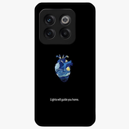 Starry Heart Compass Glass Case for 1+10T artistic front view featuring heart shaped compass artwork with star details