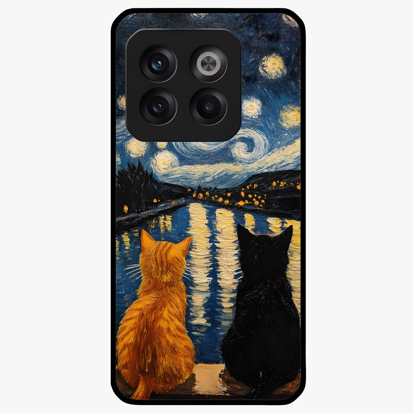 Starry River Cats Glass Case for 1+10T artistic front view featuring cats by a glowing river under starry sky