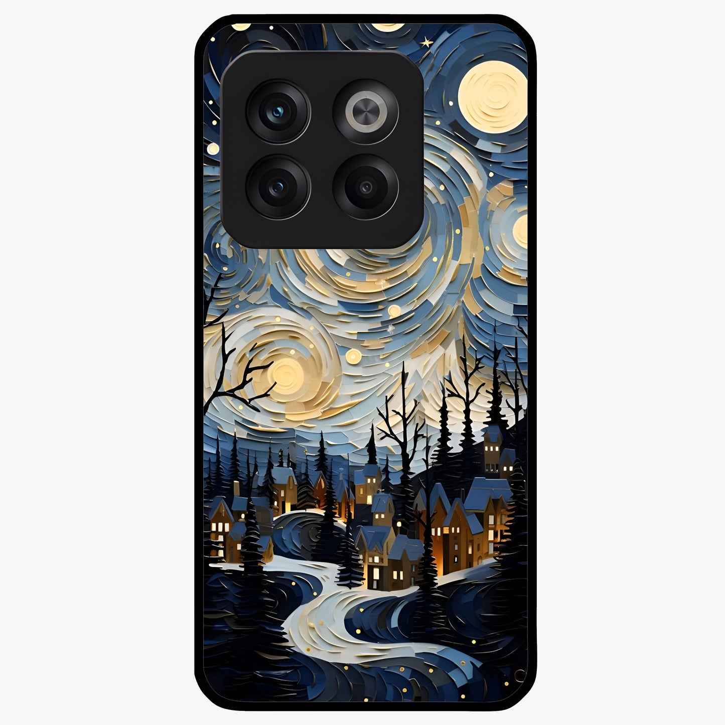 Starry Winter Town Glass Case for 1+10T scenic front view featuring snowy town artwork under sparkling night sky