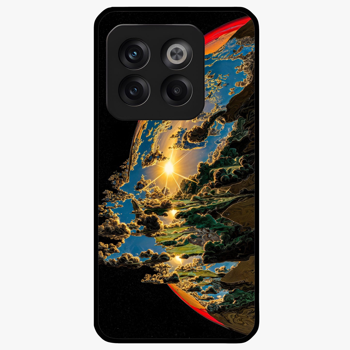 Sunrise Bursting Glass Case for 1+10T radiant front view featuring vibrant sunrise inspired artwork