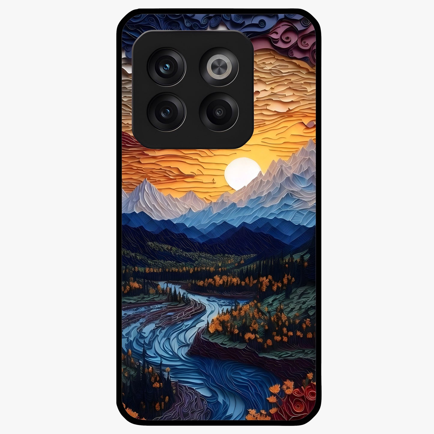 Sunrise River Dreams Glass Case for 1+10T scenic front view featuring river landscape under glowing sunrise sky