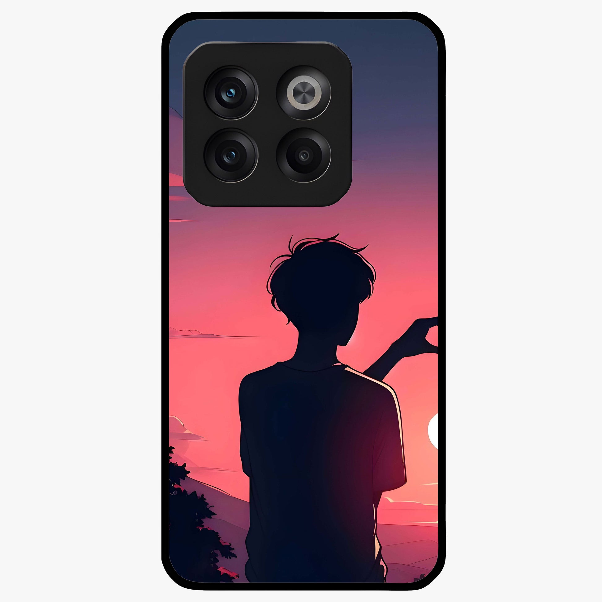 Sunset Silhouette Girl Glass Case for 1+10T aesthetic front view featuring girl silhouette under glowing sunset sky