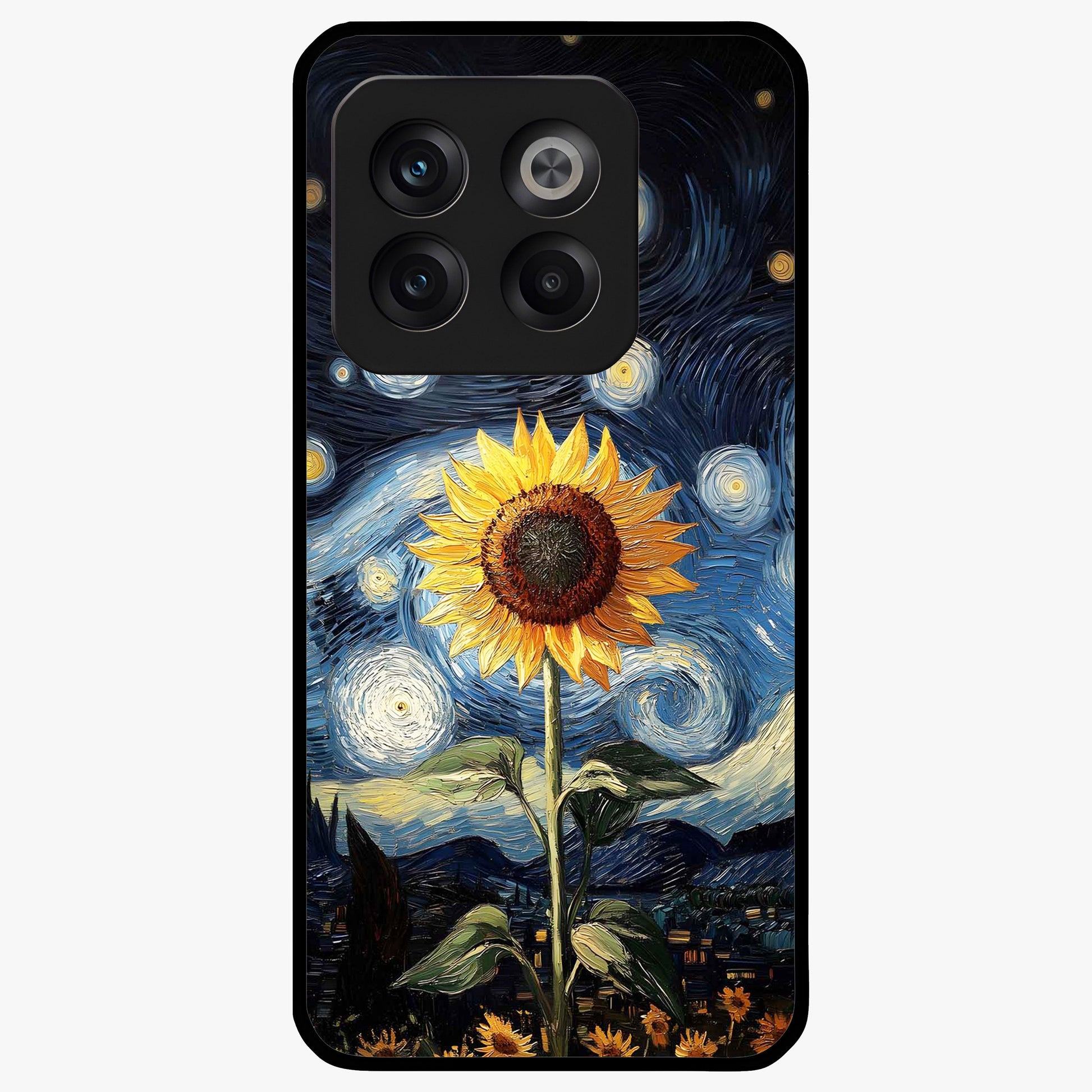 Van Gogh Sunflower Glass Case for 1+10T vibrant front view featuring sunflower artwork in painterly style
