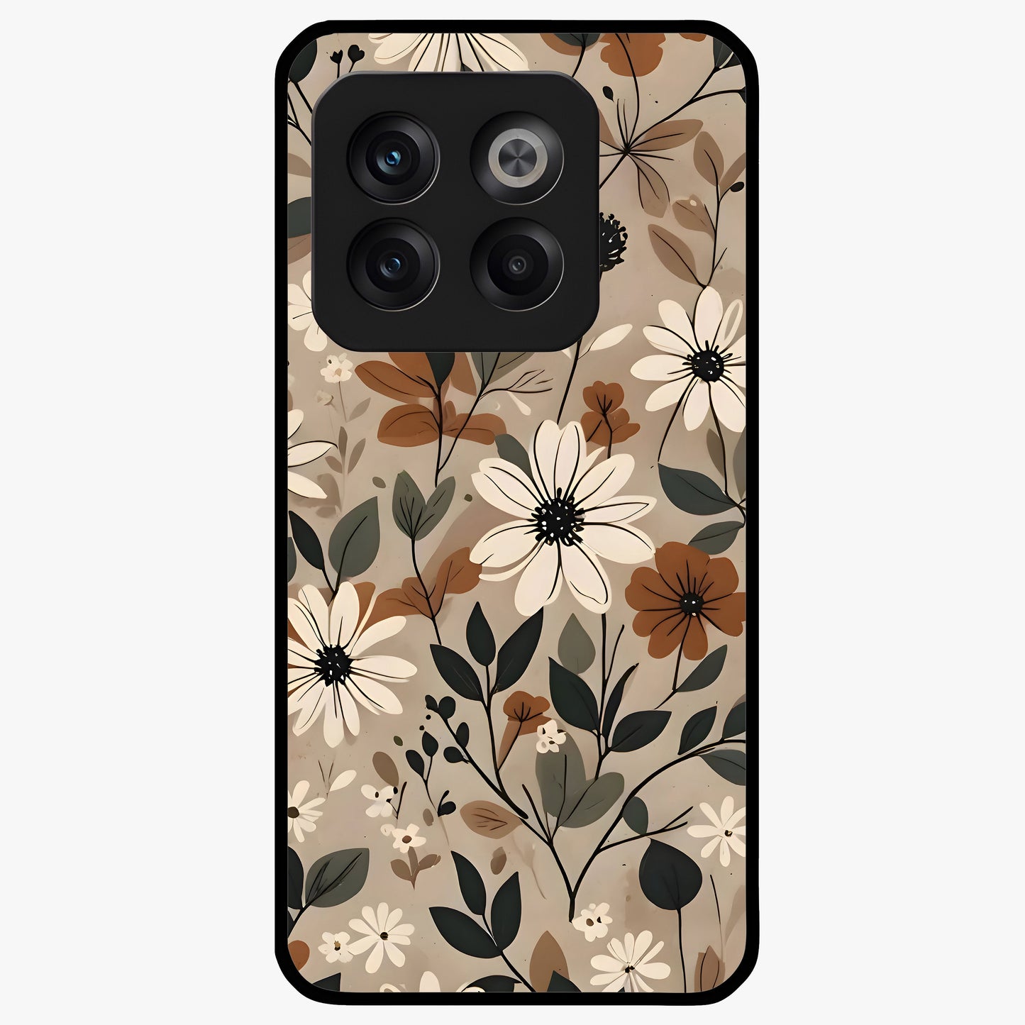 Vector Flowers Glass Case for 1+10T clean front view featuring sharp vector style floral artwork