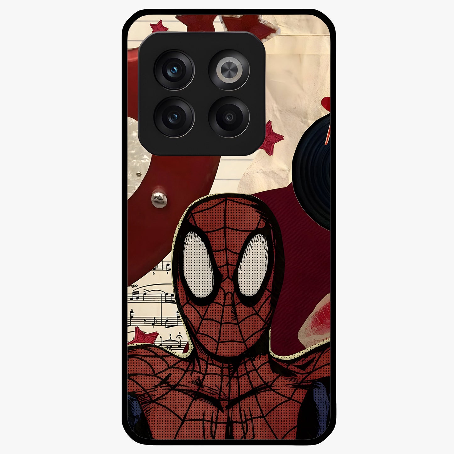 Web Warrior Vibes Glass Case for 1+10T dynamic front view featuring superhero inspired web themed artwork