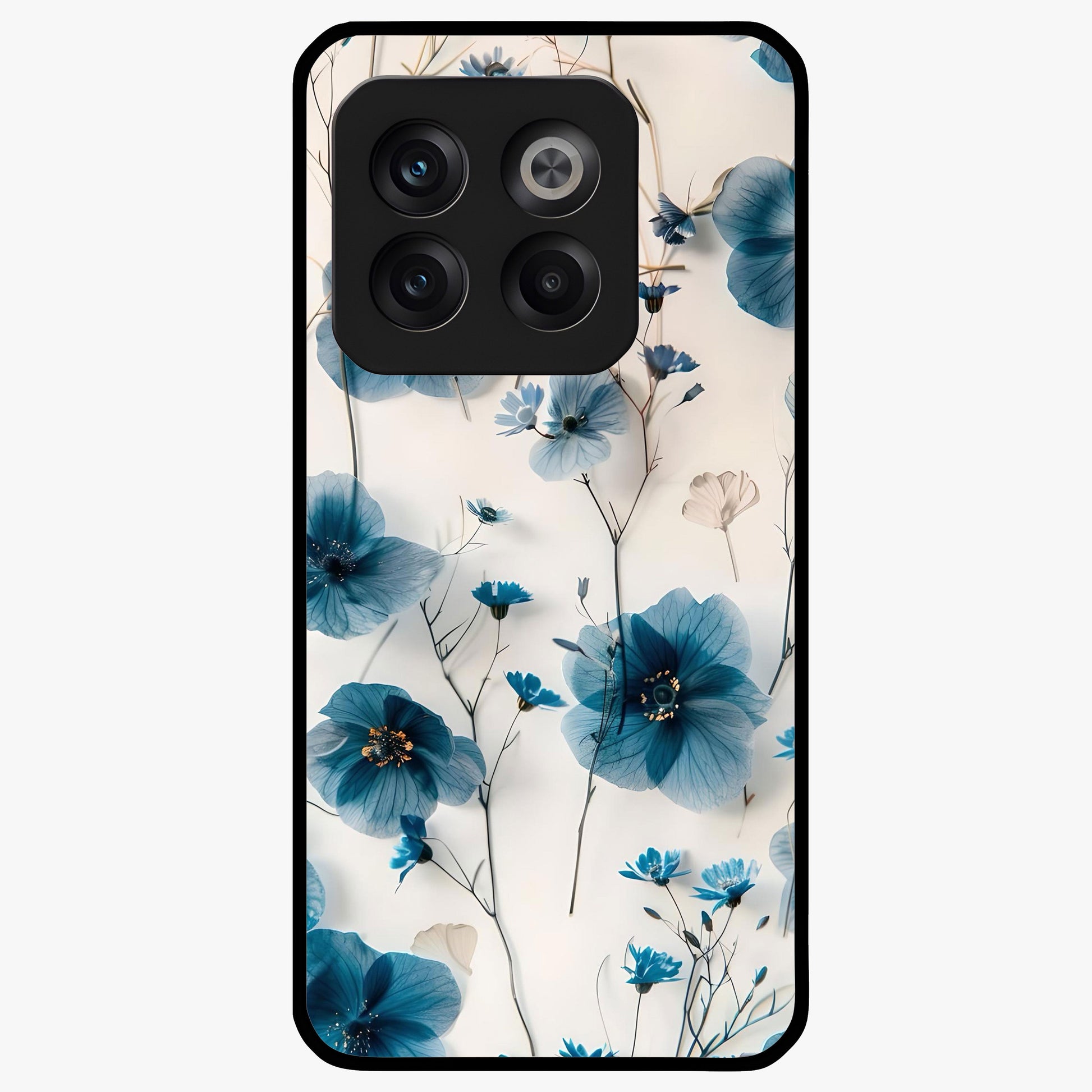 Whispers of Blue Bloom Glass Case for 1+10T vibrant front view featuring blue floral artwork with soft glow